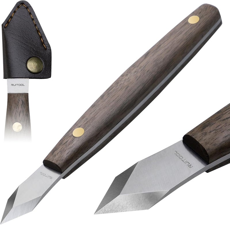 RUITOOL Marking Knife, Woodworking Scribing Knife with Leather Sheath, High Carbon Steel Double Beveled Blade Striking Knifes with Wooden Handle, Premium Quality Wood Scribe Tool for Carving - Image 1